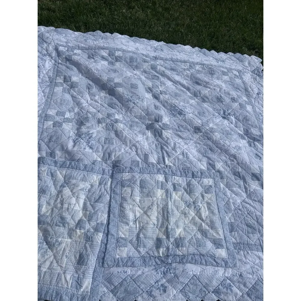 Vintage Laura Ashley Blue White Patchwork Quilt Full Queen 2 Shams 1990s